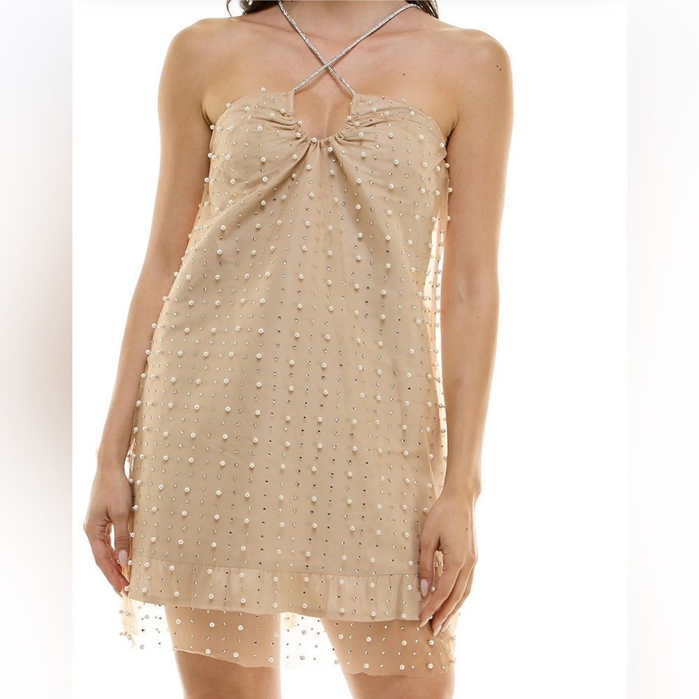 Violet Weekend Juniors Halter Neck Pearl Mini Dress with Rhinestone Strap NWT